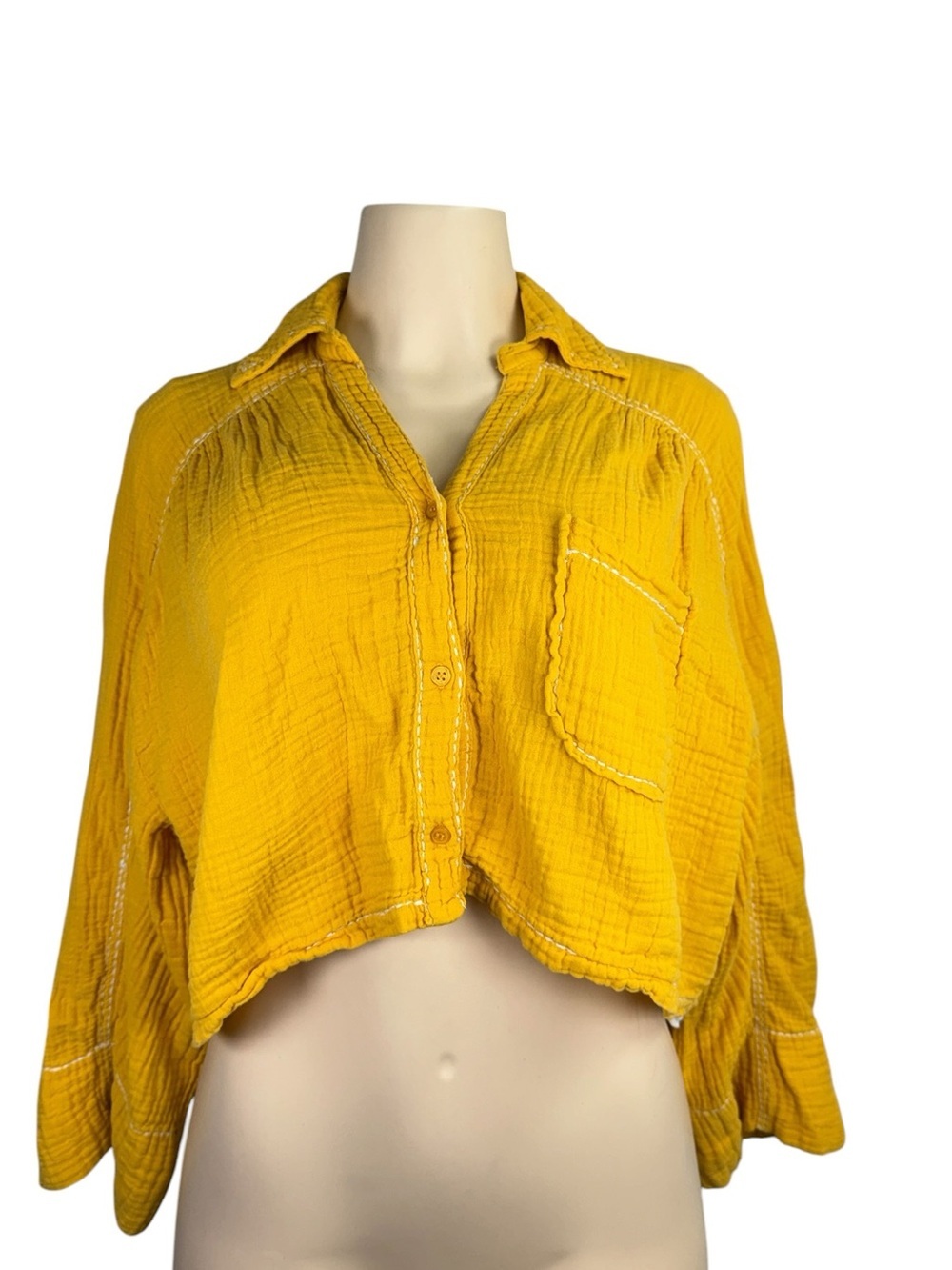 Avec Les Filles Mustard Yellow Cropped Gauze Button-Down Shirt